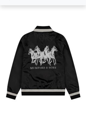 MUMFORD AND SONS Black Satin Bomber Jacket with Horse Graphic Vintage NWOT